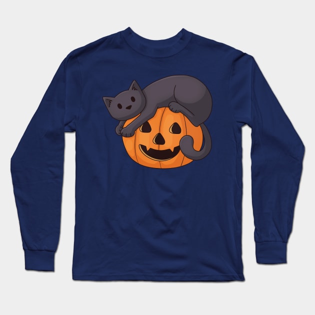 Cat on a Pumpkin Long Sleeve T-Shirt by Doodlecats 